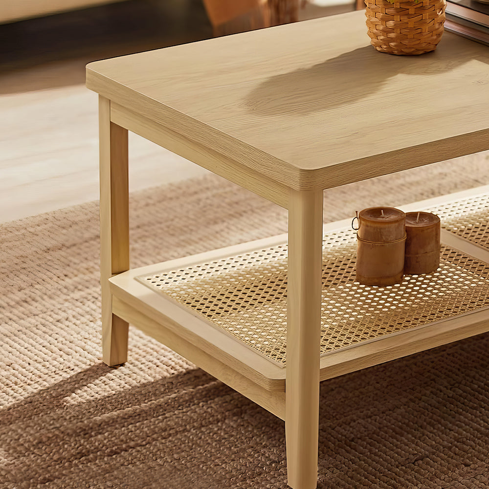 39.4" Boho 2-Tier Coffee Table with PVC Rattan Shelf, Black