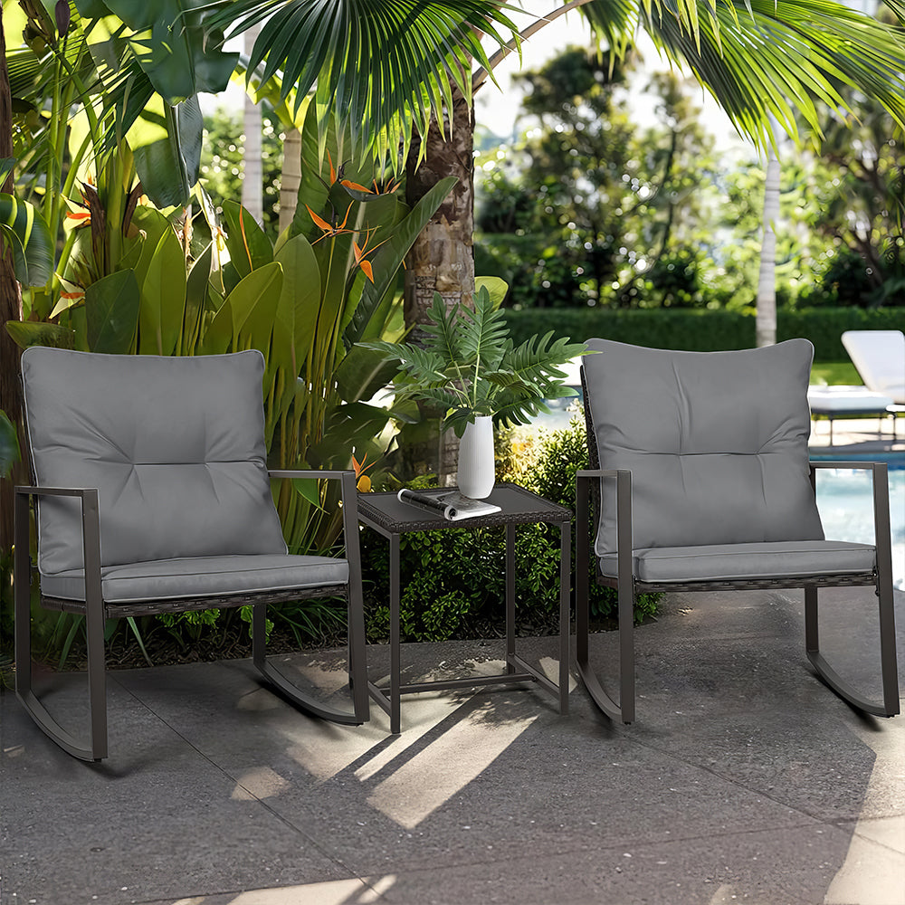 3-Piece Outdoor Rocking Bistro Set with Glass Table, Black Wicker