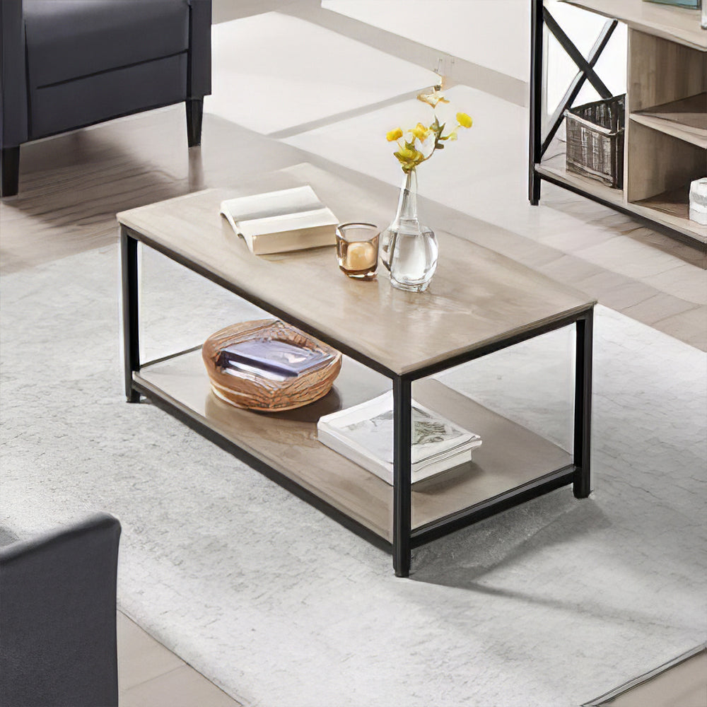 39.5" Industrial 2-Tier Coffee Table with Storage Shelf, Gray