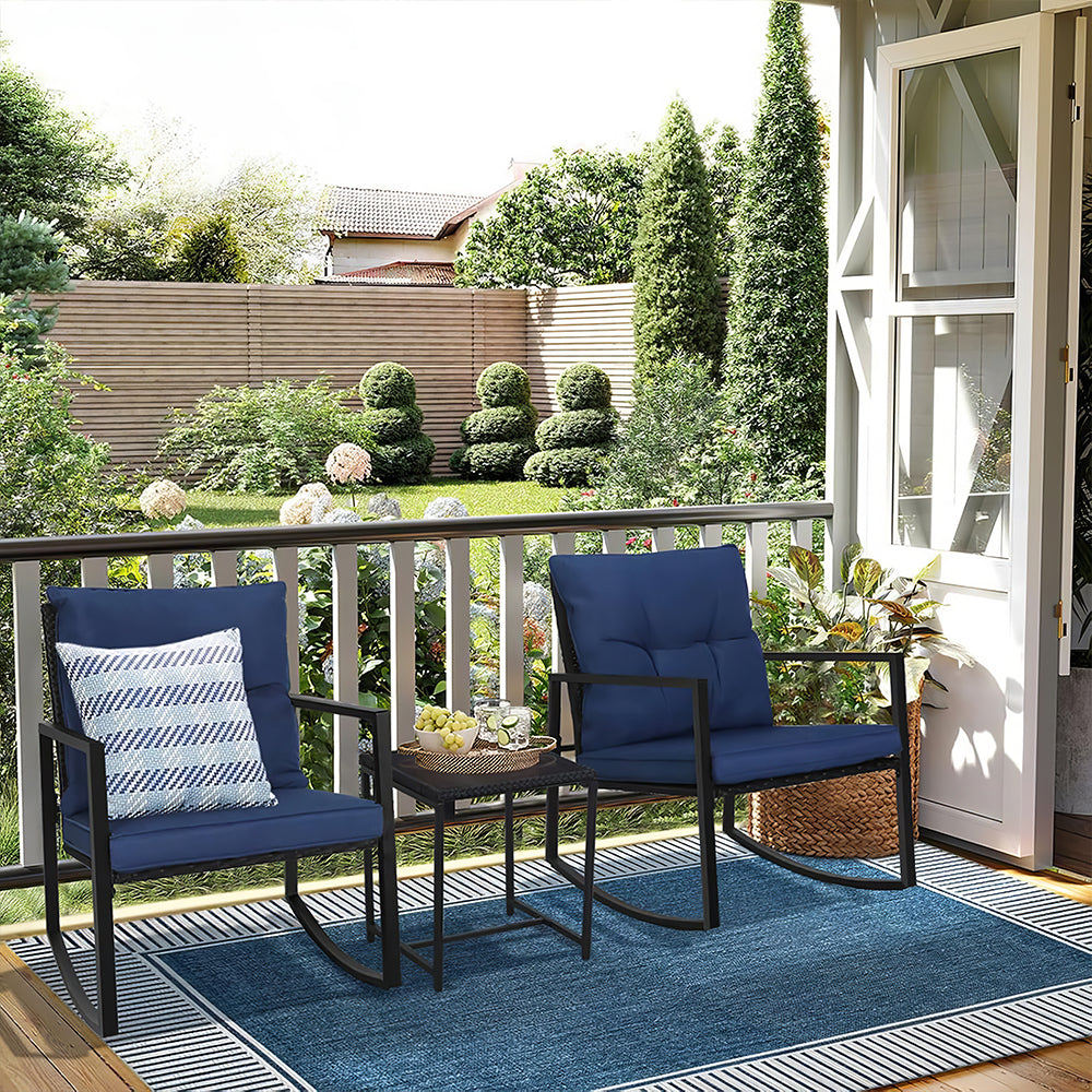 3-Piece Outdoor Rocking Bistro Set with Glass Table, Black Wicker