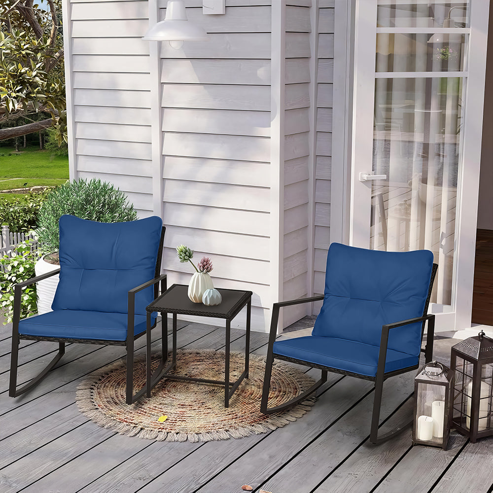 3-Piece Outdoor Rocking Bistro Set with Glass Table, Black Wicker