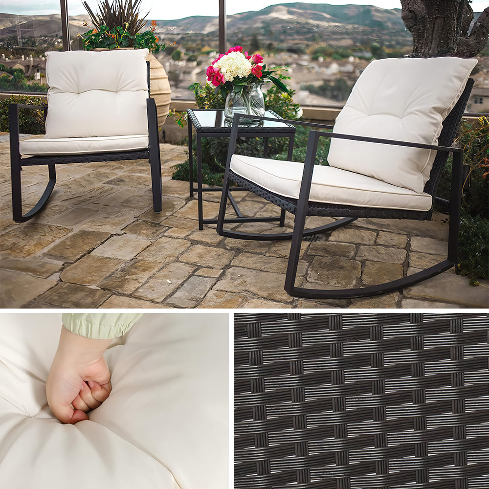 3-Piece Outdoor Rocking Bistro Set with Glass Table, Black Wicker