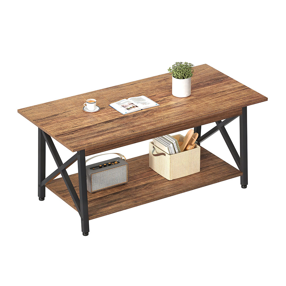 39" Farmhouse Coffee Table with Storage Shelf, 2-Tier Rectangular