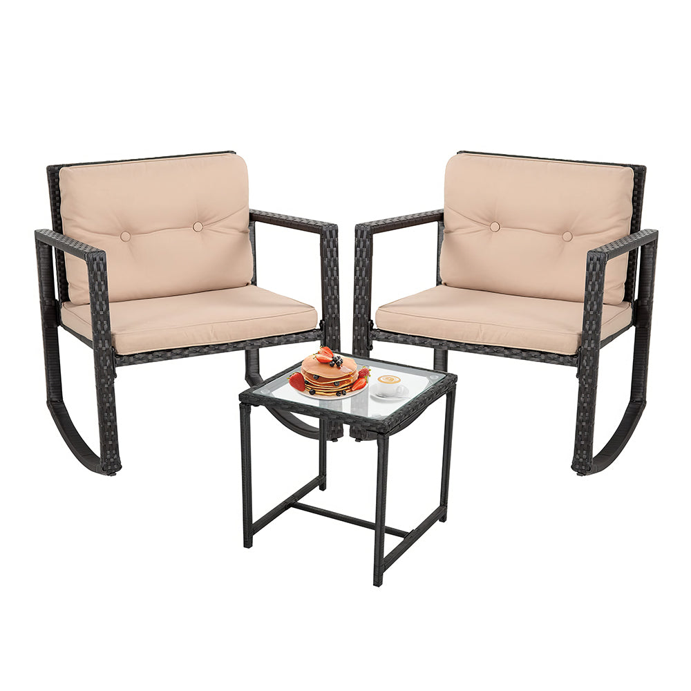 3-Piece Outdoor Wicker Bistro Set with Rocking Chairs & Coffee Table