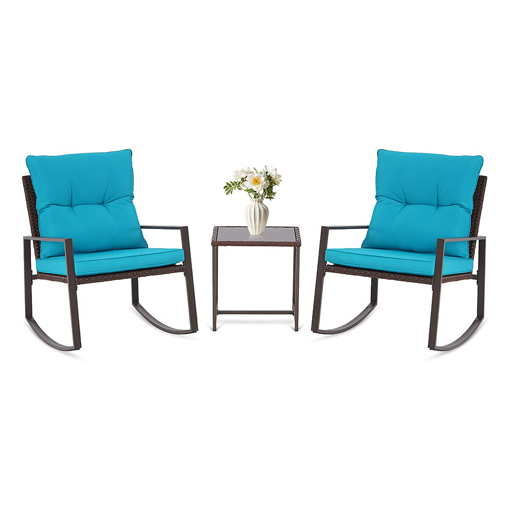 3-Piece Outdoor Rocking Bistro Set with Glass Table, Black Wicker