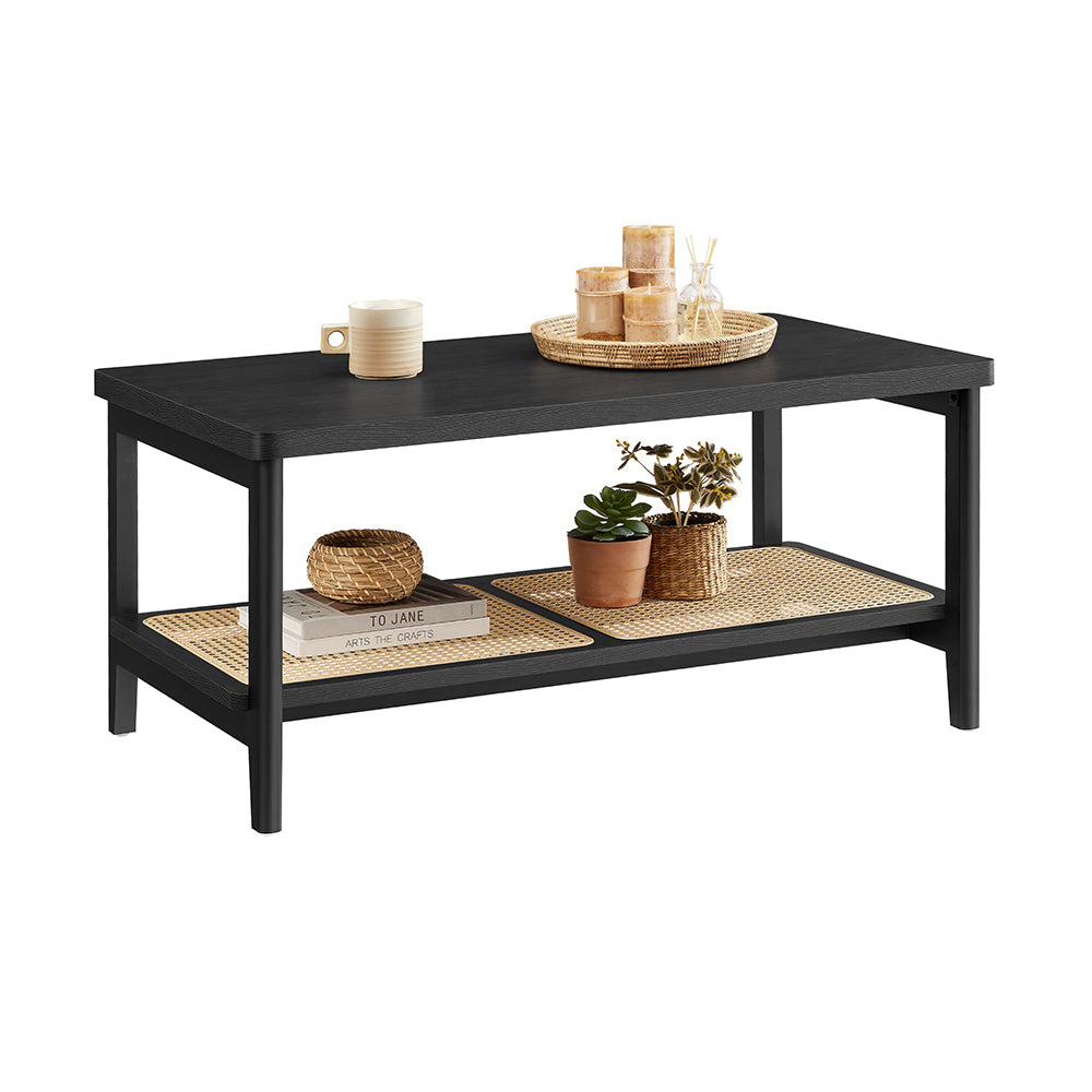 39.4" Boho 2-Tier Coffee Table with PVC Rattan Shelf, Black