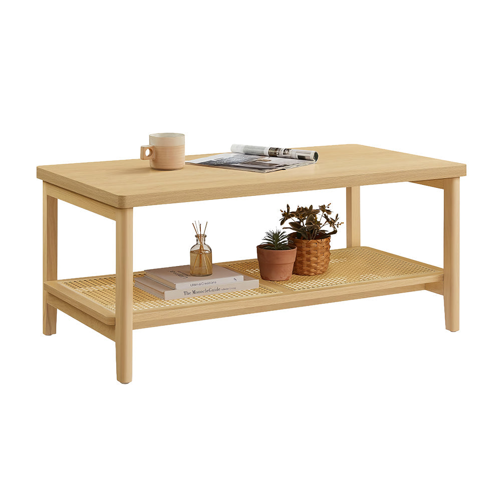 39.4" Boho 2-Tier Coffee Table with PVC Rattan Shelf, Black