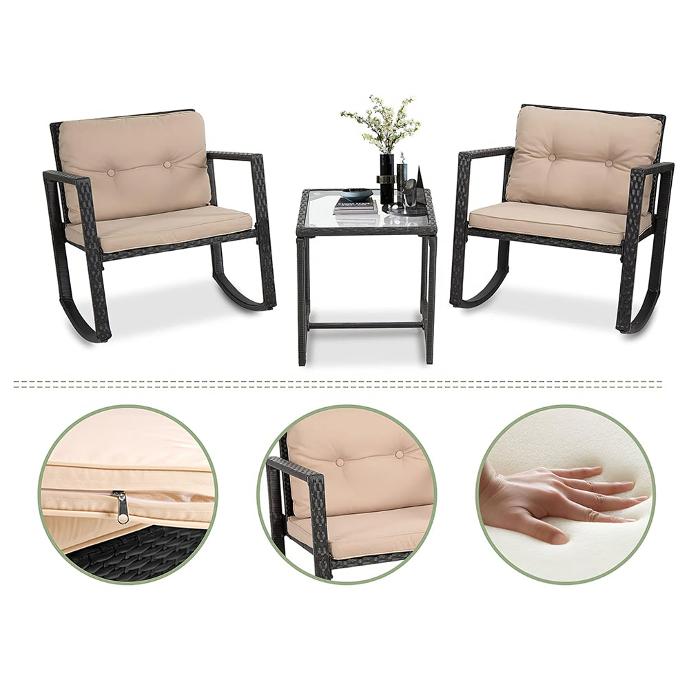 3-Piece Outdoor Wicker Bistro Set with Rocking Chairs & Coffee Table