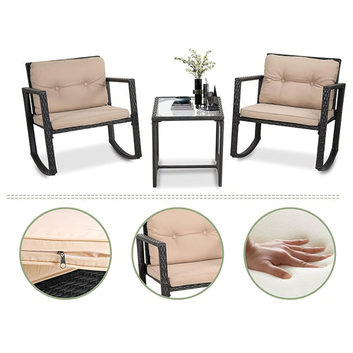 3-Piece Outdoor Wicker Bistro Set with Rocking Chairs & Coffee Table