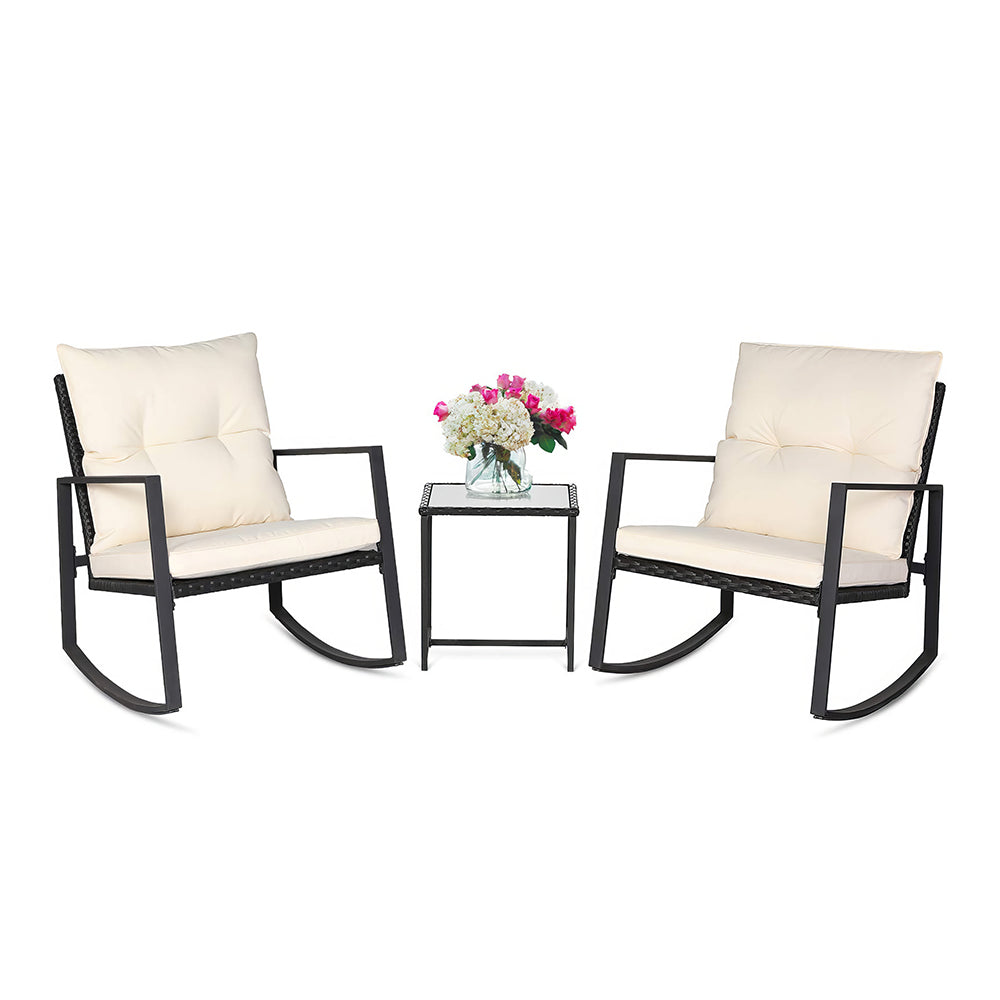 3-Piece Outdoor Rocking Bistro Set with Glass Table, Black Wicker