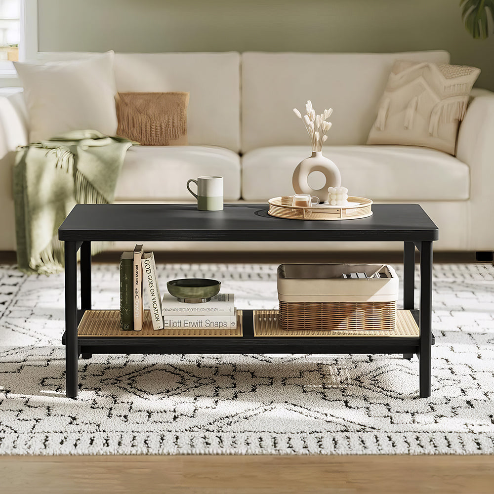 39.4" Boho 2-Tier Coffee Table with PVC Rattan Shelf, Black