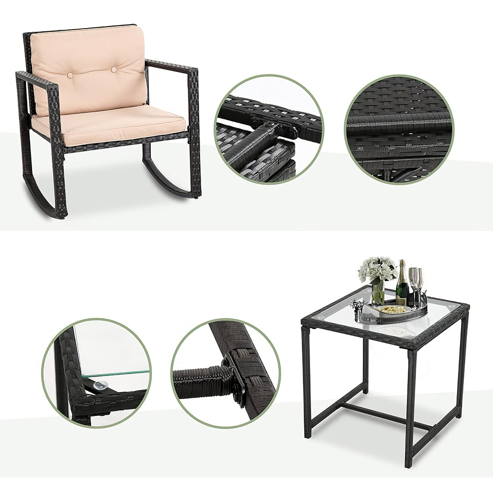 3-Piece Outdoor Wicker Bistro Set with Rocking Chairs & Coffee Table
