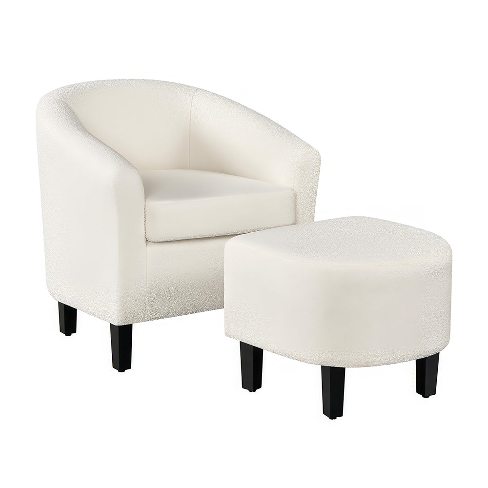 Modern Sherpa Accent Chair with Ottoman, Boucle Barrel Armchair Set