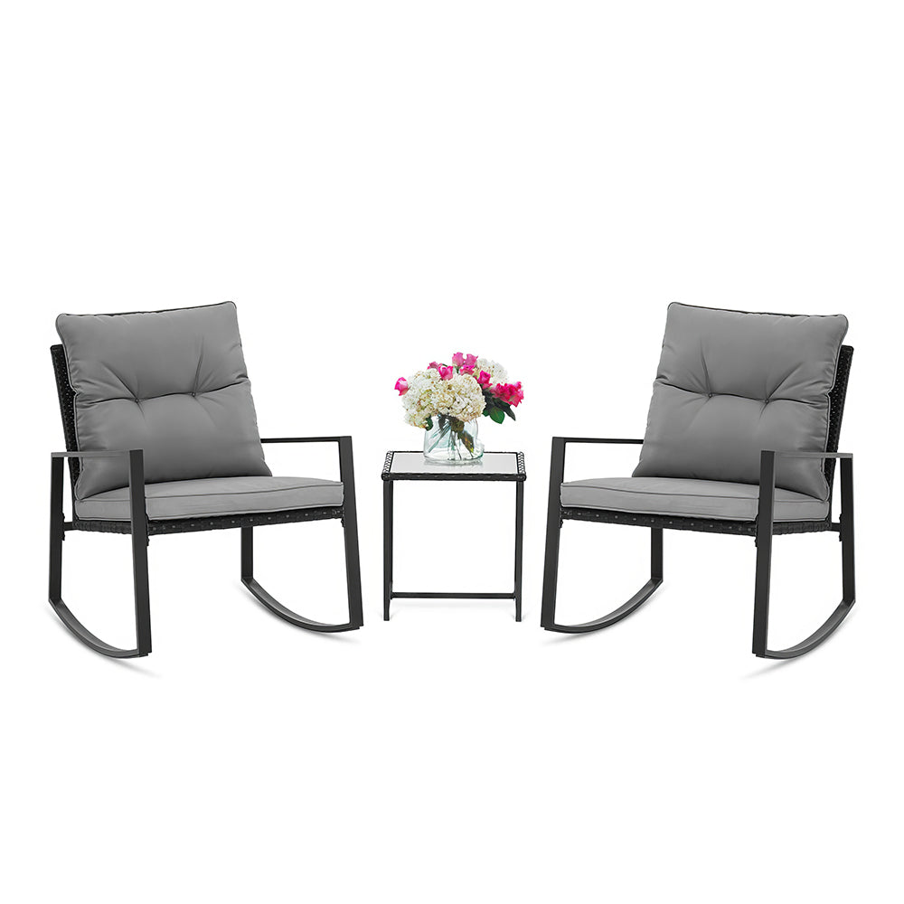 3-Piece Outdoor Rocking Bistro Set with Glass Table, Black Wicker