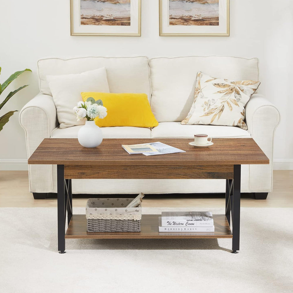 39" Farmhouse Coffee Table with Storage Shelf, 2-Tier Rectangular