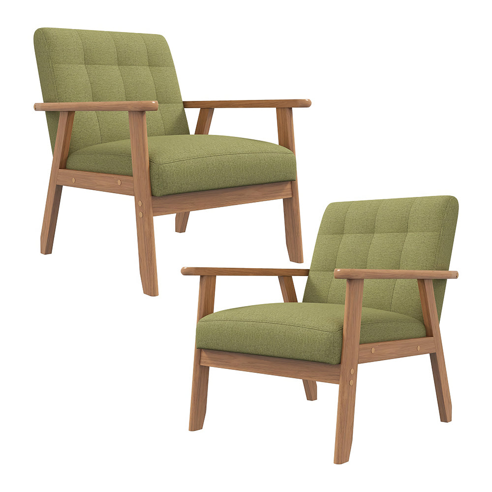 Set of 2 Mid-Century Accent Chairs with Side Table, Green Linen