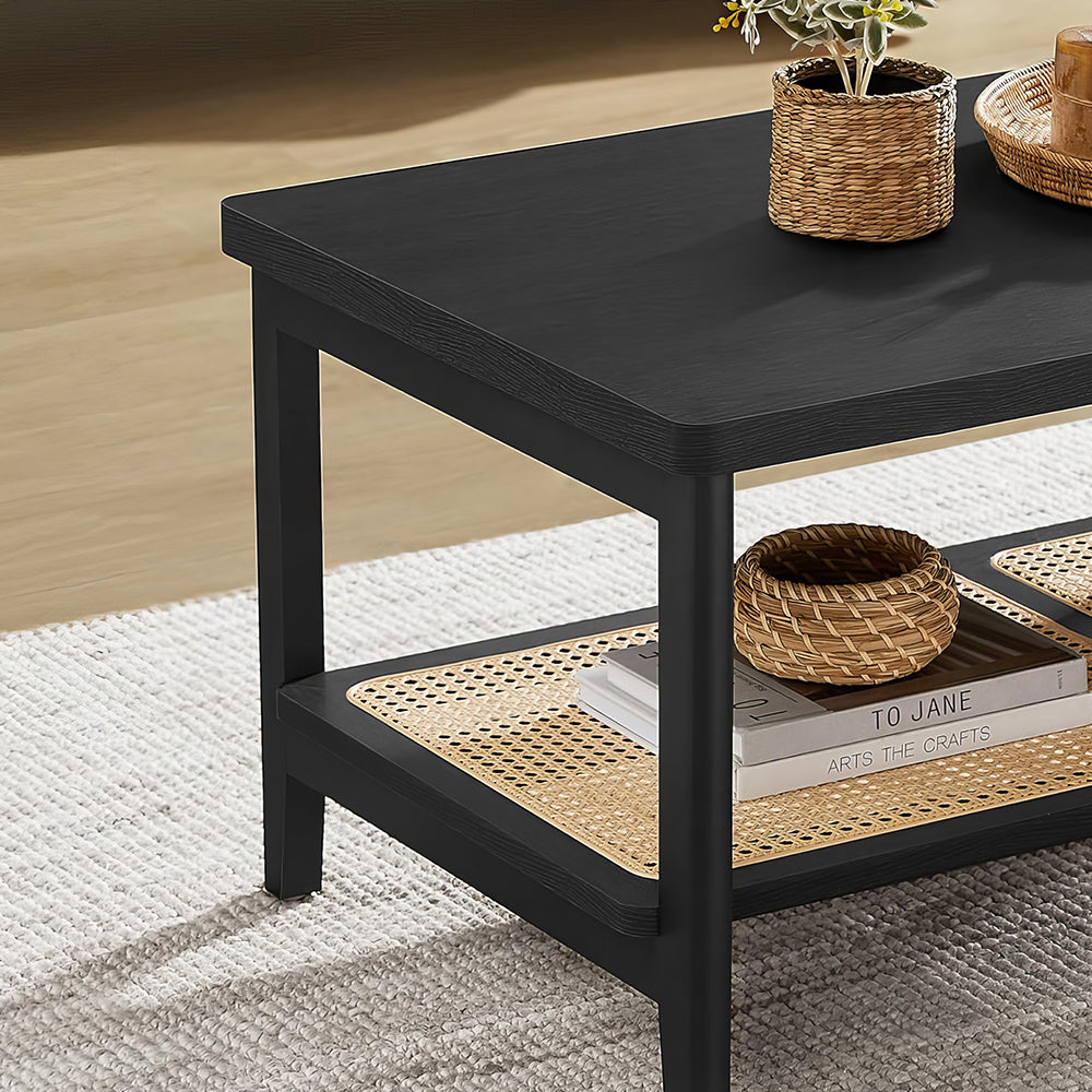 39.4" Boho 2-Tier Coffee Table with PVC Rattan Shelf, Black