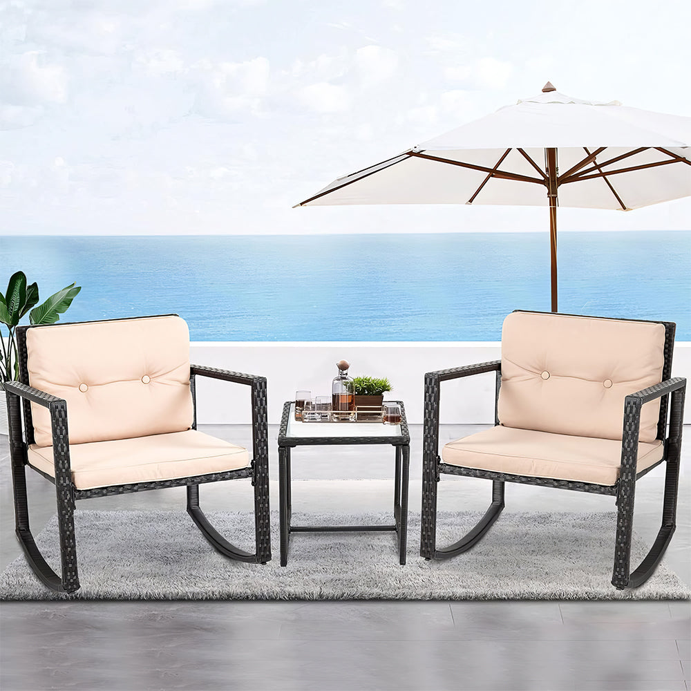 3-Piece Outdoor Wicker Bistro Set with Rocking Chairs & Coffee Table