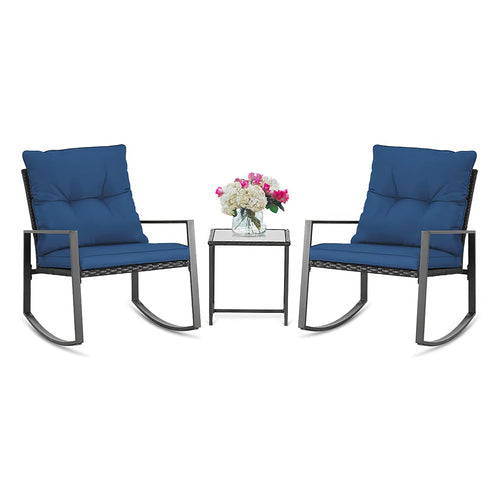 3-Piece Outdoor Rocking Bistro Set with Glass Table, Black Wicker