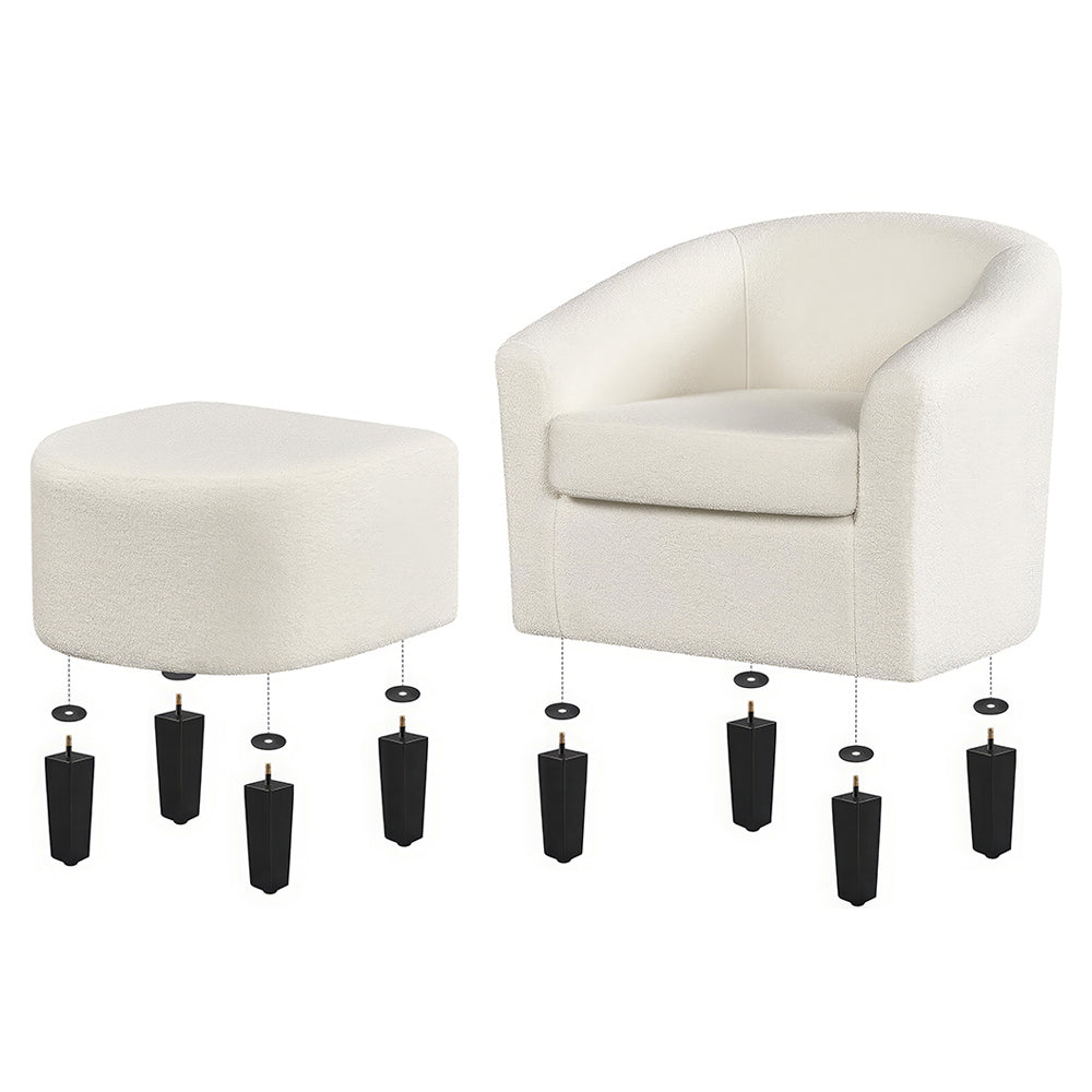 Modern Sherpa Accent Chair with Ottoman, Boucle Barrel Armchair Set