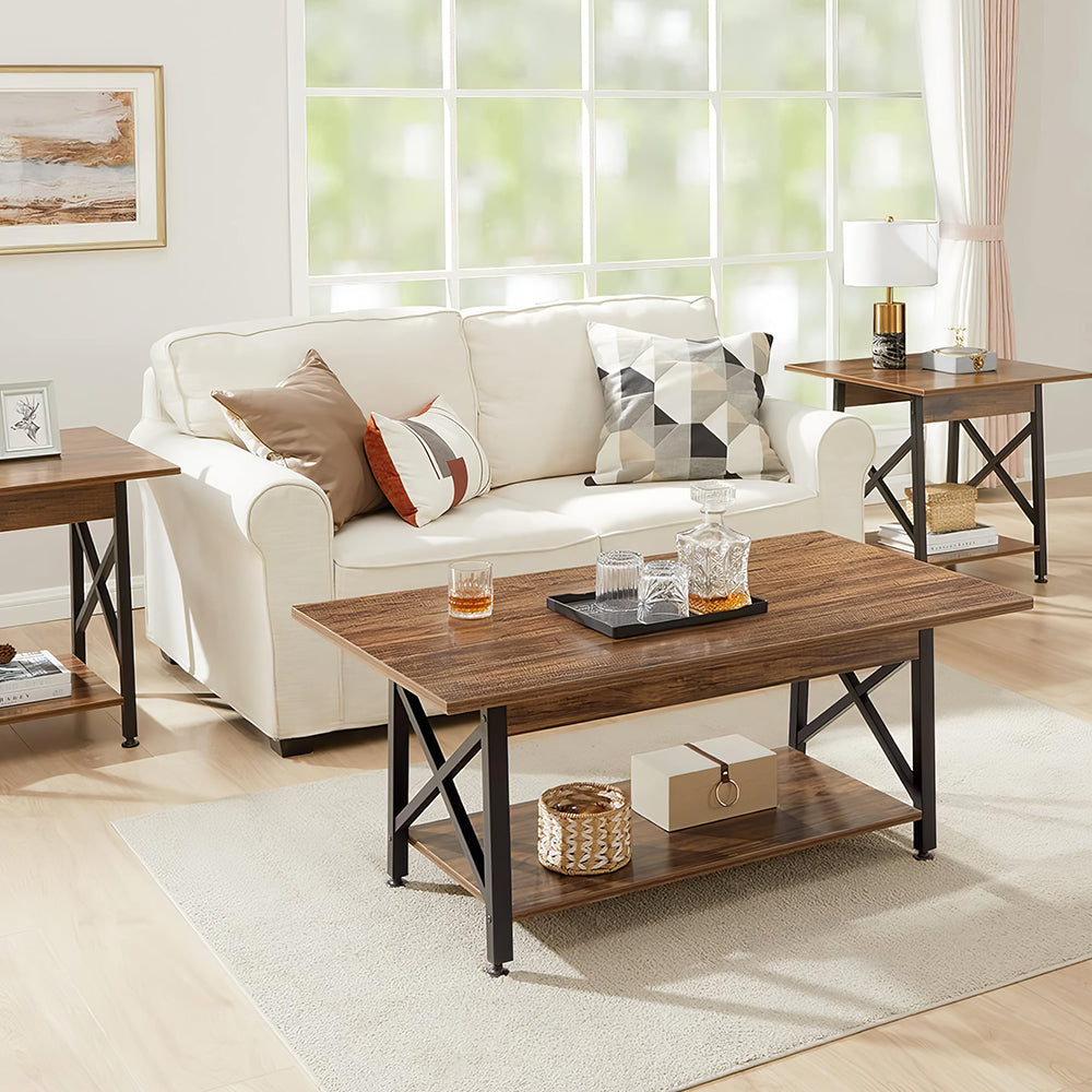 39" Farmhouse Coffee Table with Storage Shelf, 2-Tier Rectangular