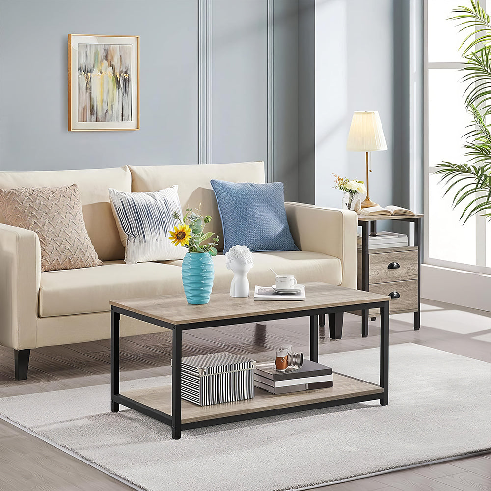 39.5" Industrial 2-Tier Coffee Table with Storage Shelf, Gray