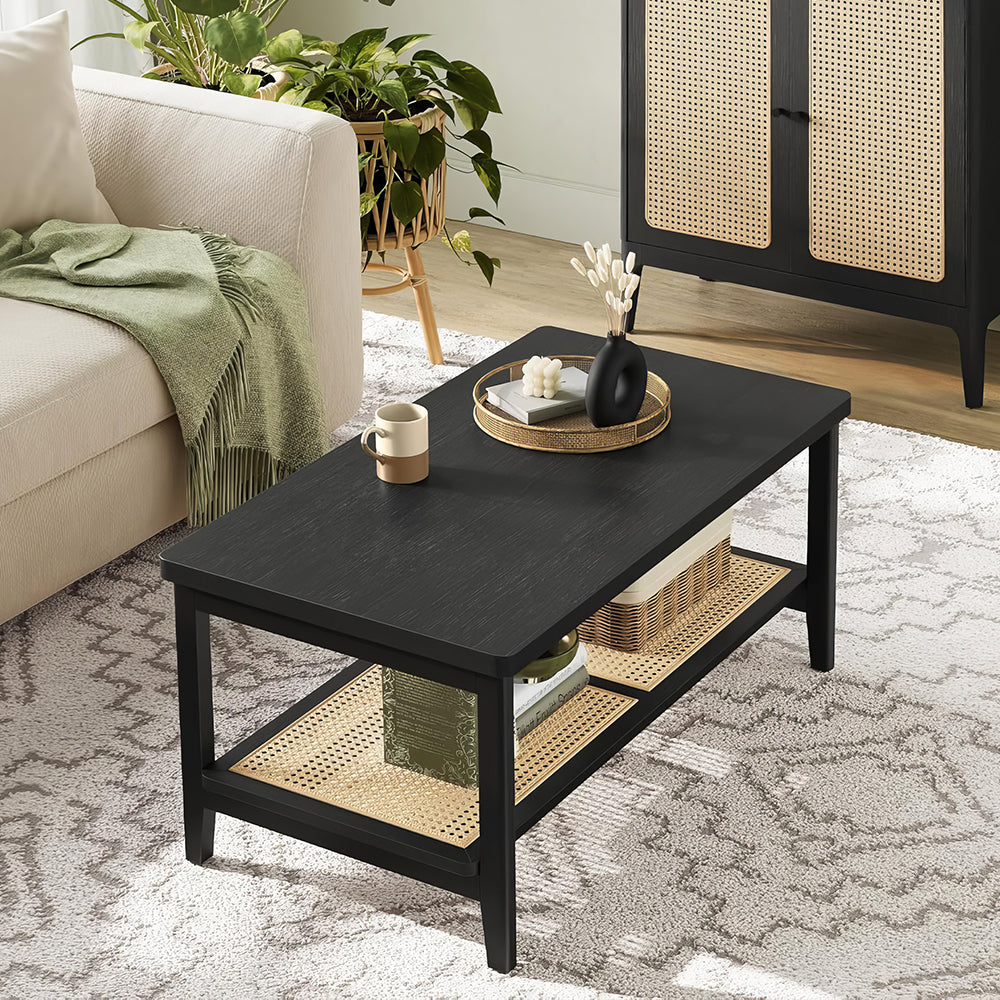39.4" Boho 2-Tier Coffee Table with PVC Rattan Shelf, Black