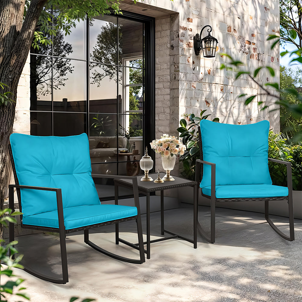 3-Piece Outdoor Rocking Bistro Set with Glass Table, Black Wicker