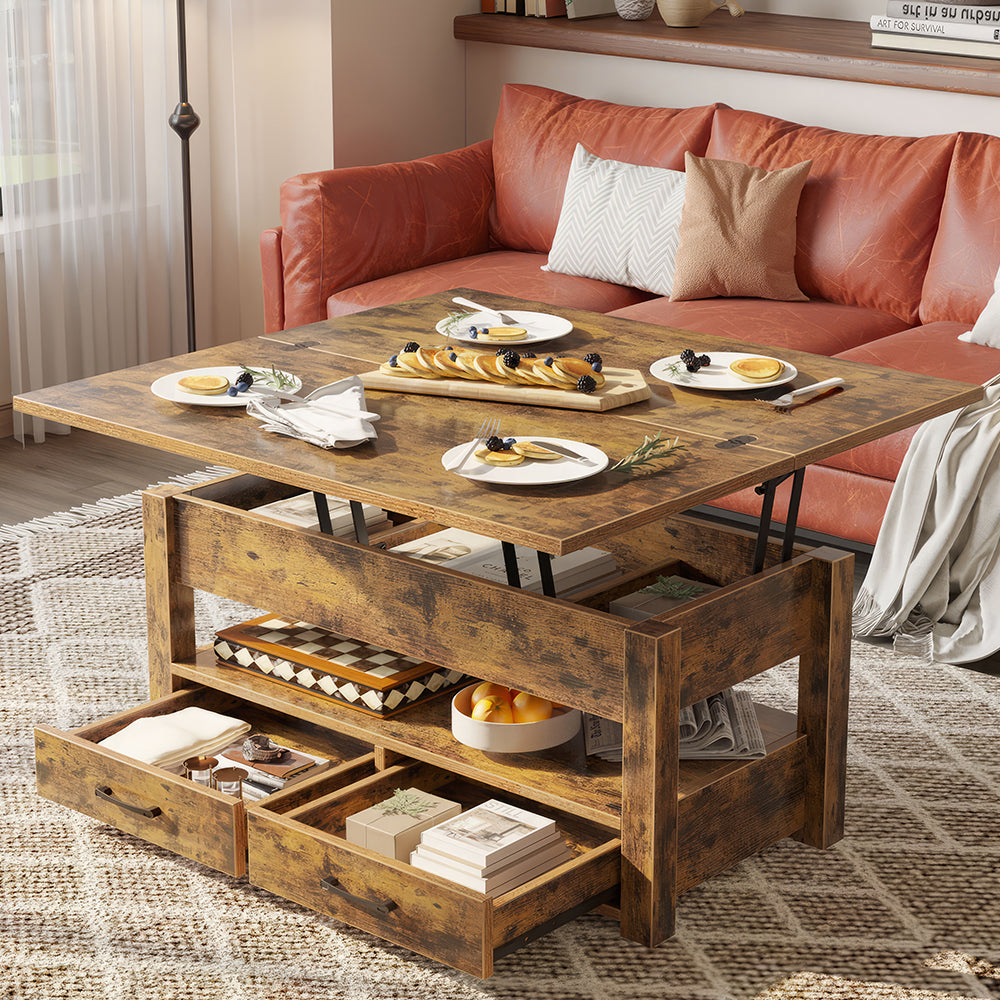 Convertible Lift Top Coffee Table with Storage Drawers & Compartments, 39"