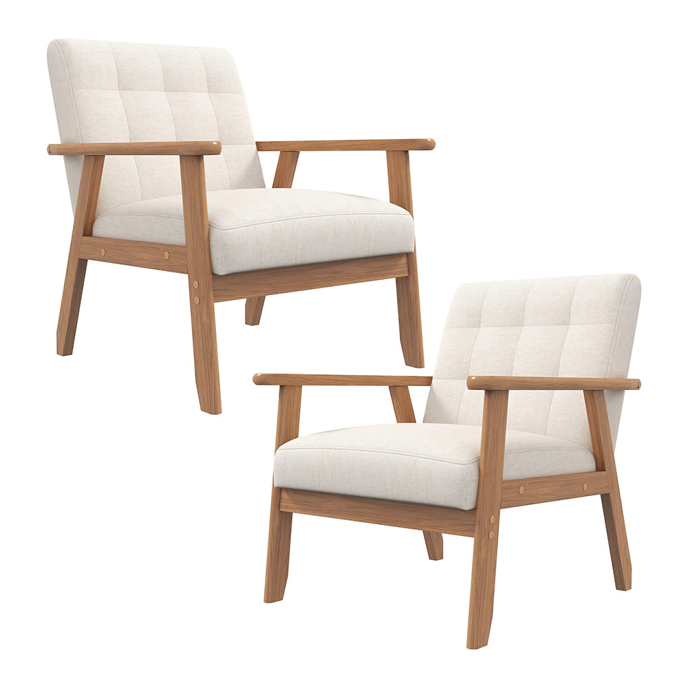 Set of 2 Mid-Century Accent Chairs with Side Table, Green Linen