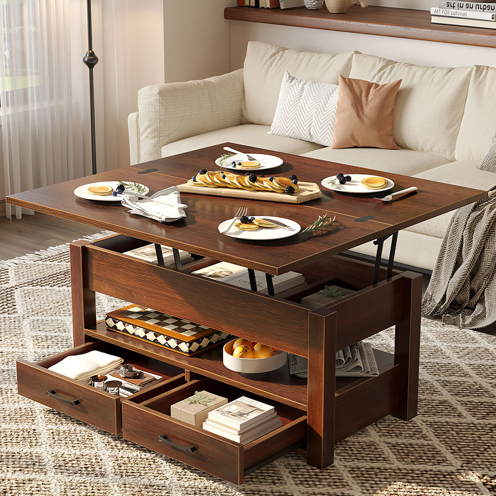 Convertible Lift Top Coffee Table with Storage Drawers & Compartments, 39"