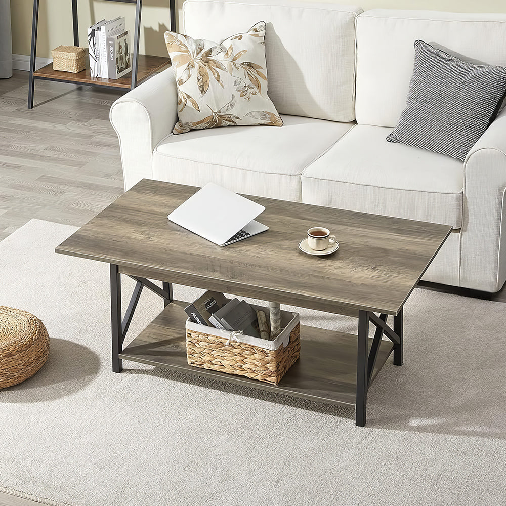 39" Farmhouse Coffee Table with Storage Shelf, 2-Tier Rectangular