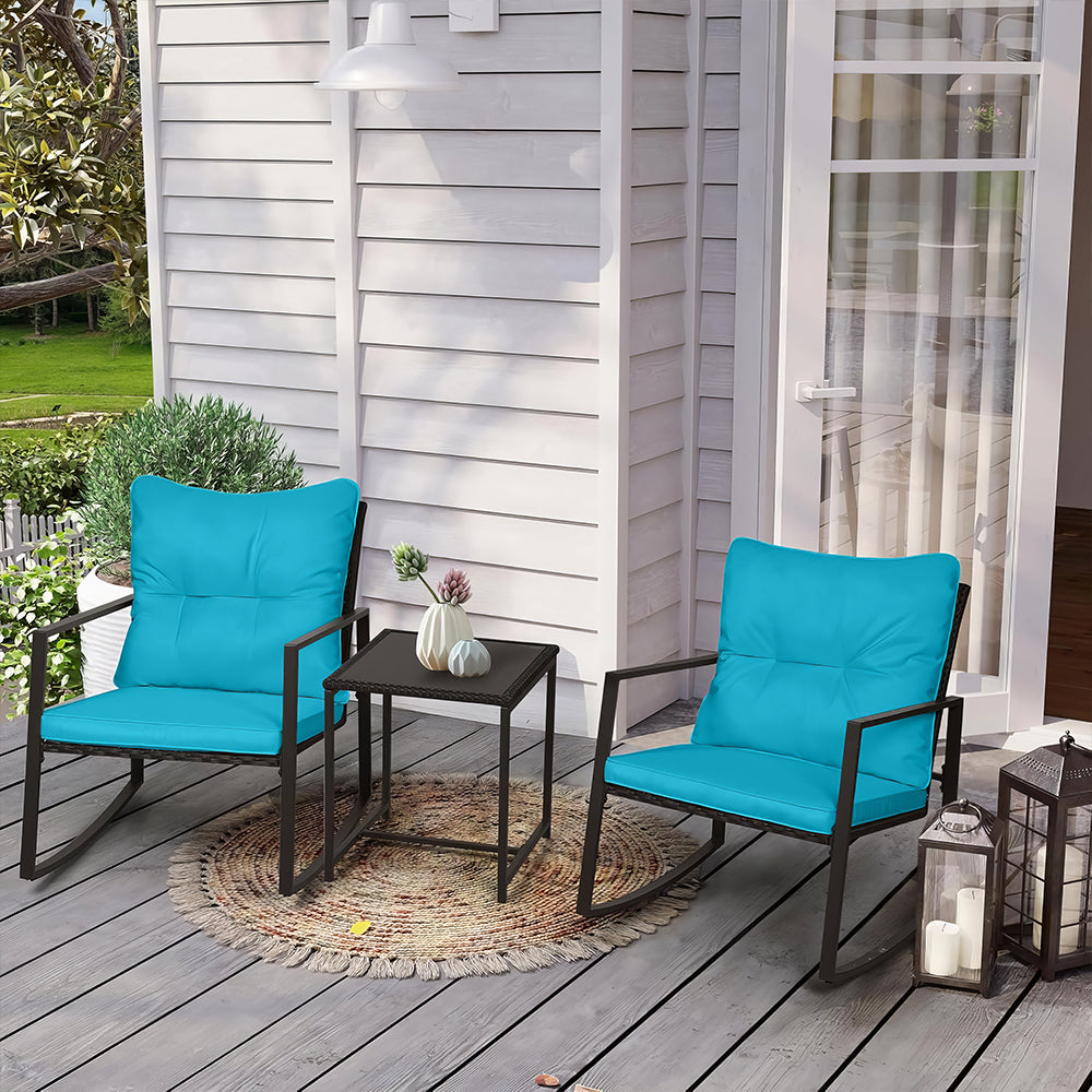 3-Piece Outdoor Rocking Bistro Set with Glass Table, Black Wicker