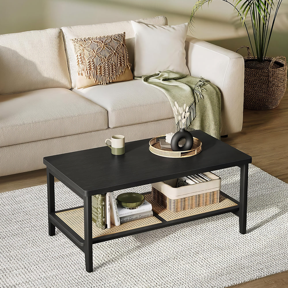 39.4" Boho 2-Tier Coffee Table with PVC Rattan Shelf, Black