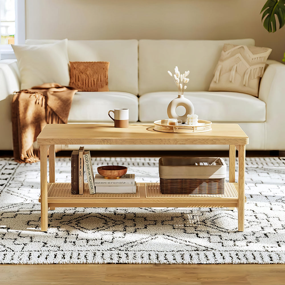 39.4" Boho 2-Tier Coffee Table with PVC Rattan Shelf, Black