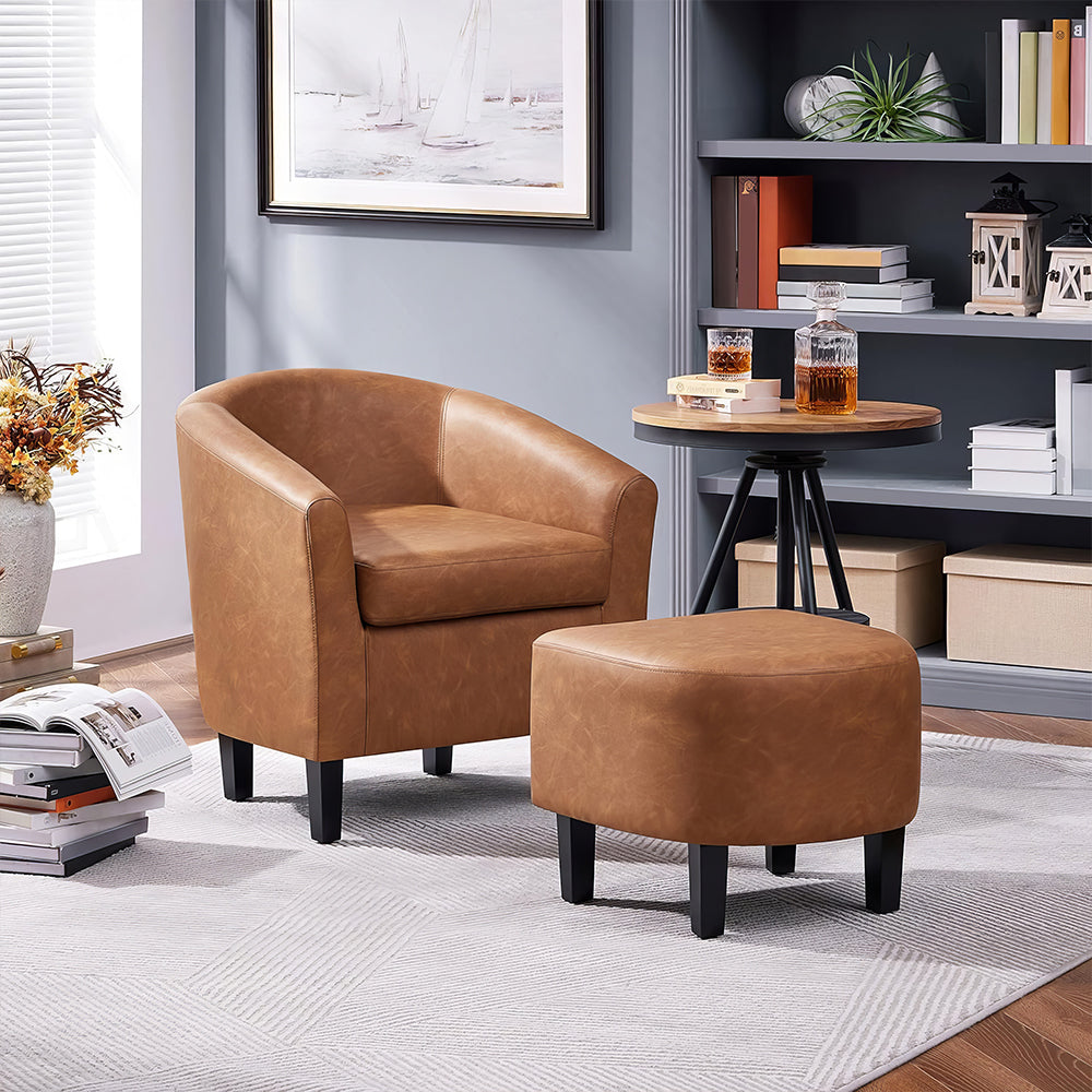 Modern Sherpa Accent Chair with Ottoman, Boucle Barrel Armchair Set