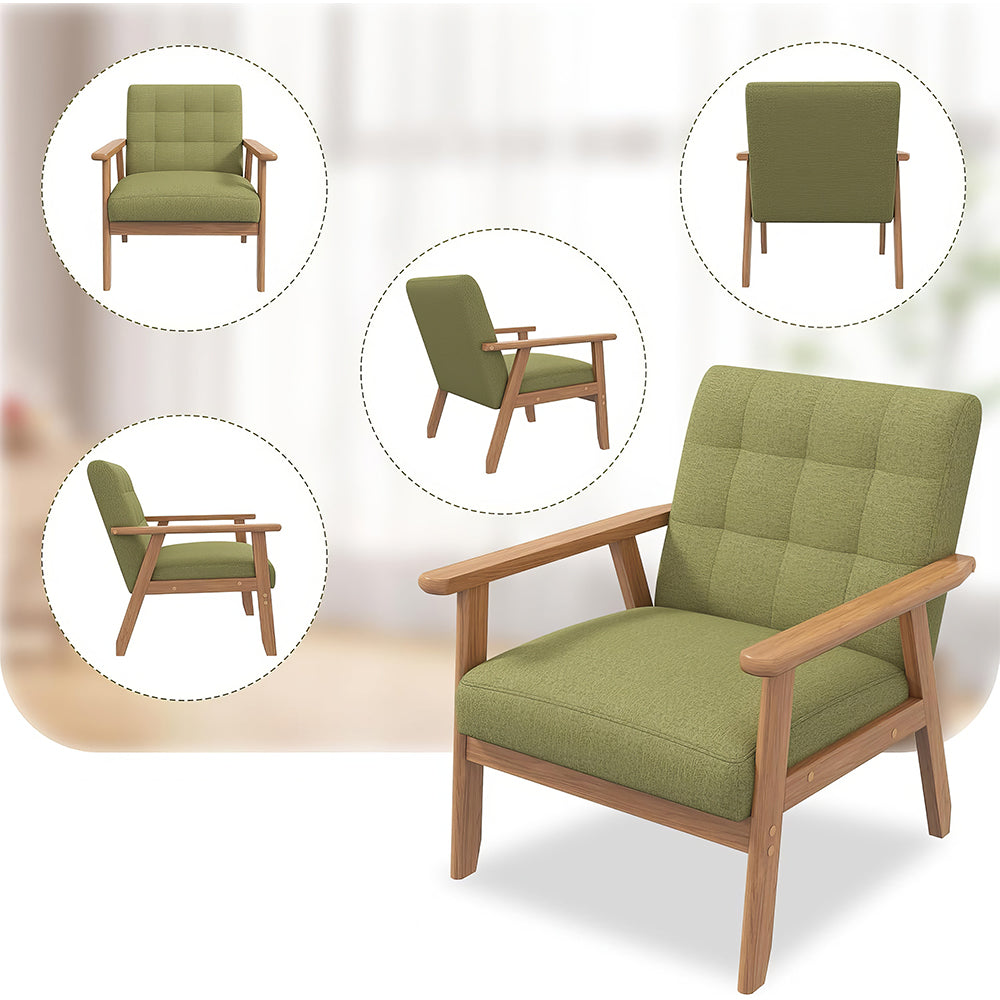 Set of 2 Mid-Century Accent Chairs with Side Table, Green Linen