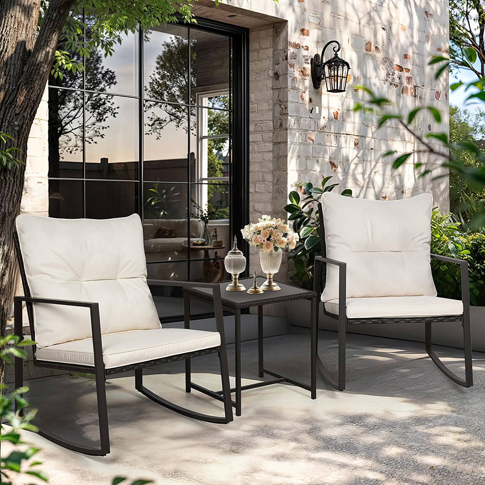 3-Piece Outdoor Rocking Bistro Set with Glass Table, Black Wicker
