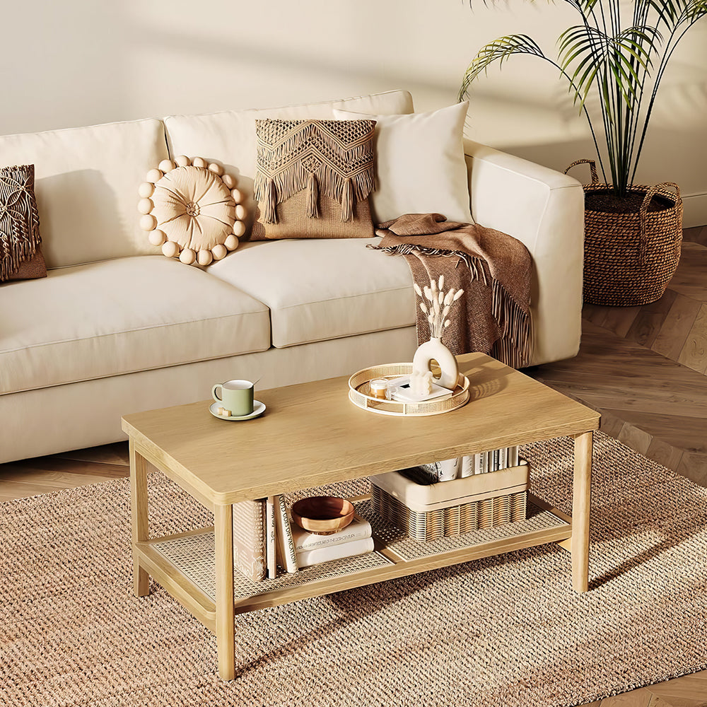 39.4" Boho 2-Tier Coffee Table with PVC Rattan Shelf, Black