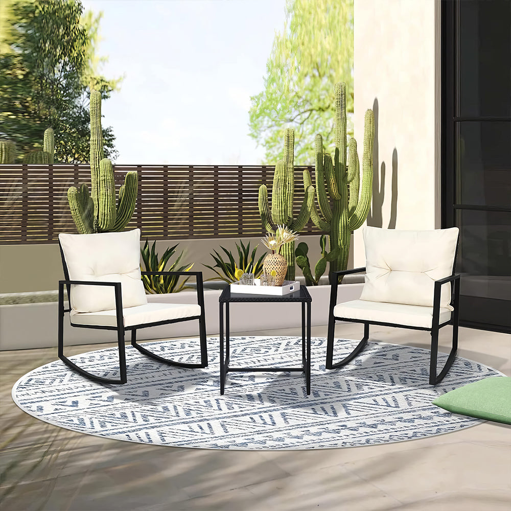 3-Piece Outdoor Rocking Bistro Set with Glass Table, Black Wicker
