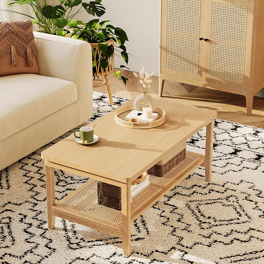 39.4" Boho 2-Tier Coffee Table with PVC Rattan Shelf, Black