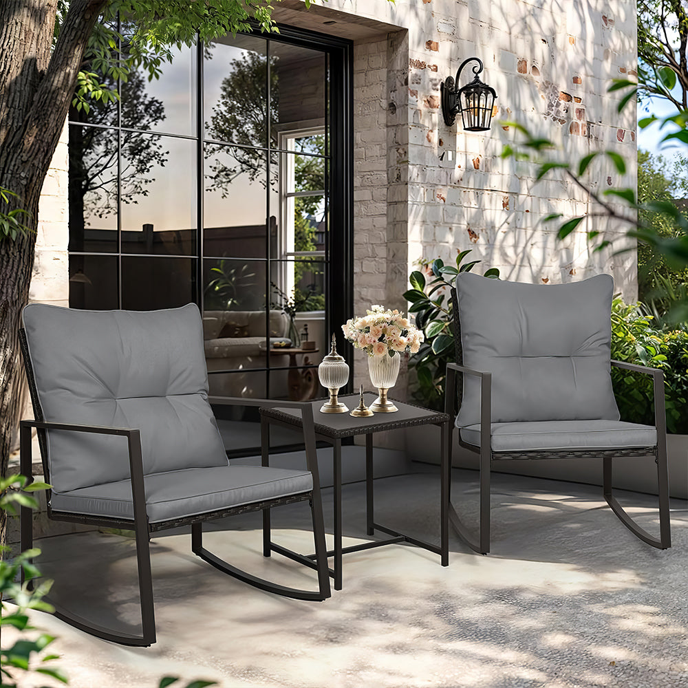 3-Piece Outdoor Rocking Bistro Set with Glass Table, Black Wicker