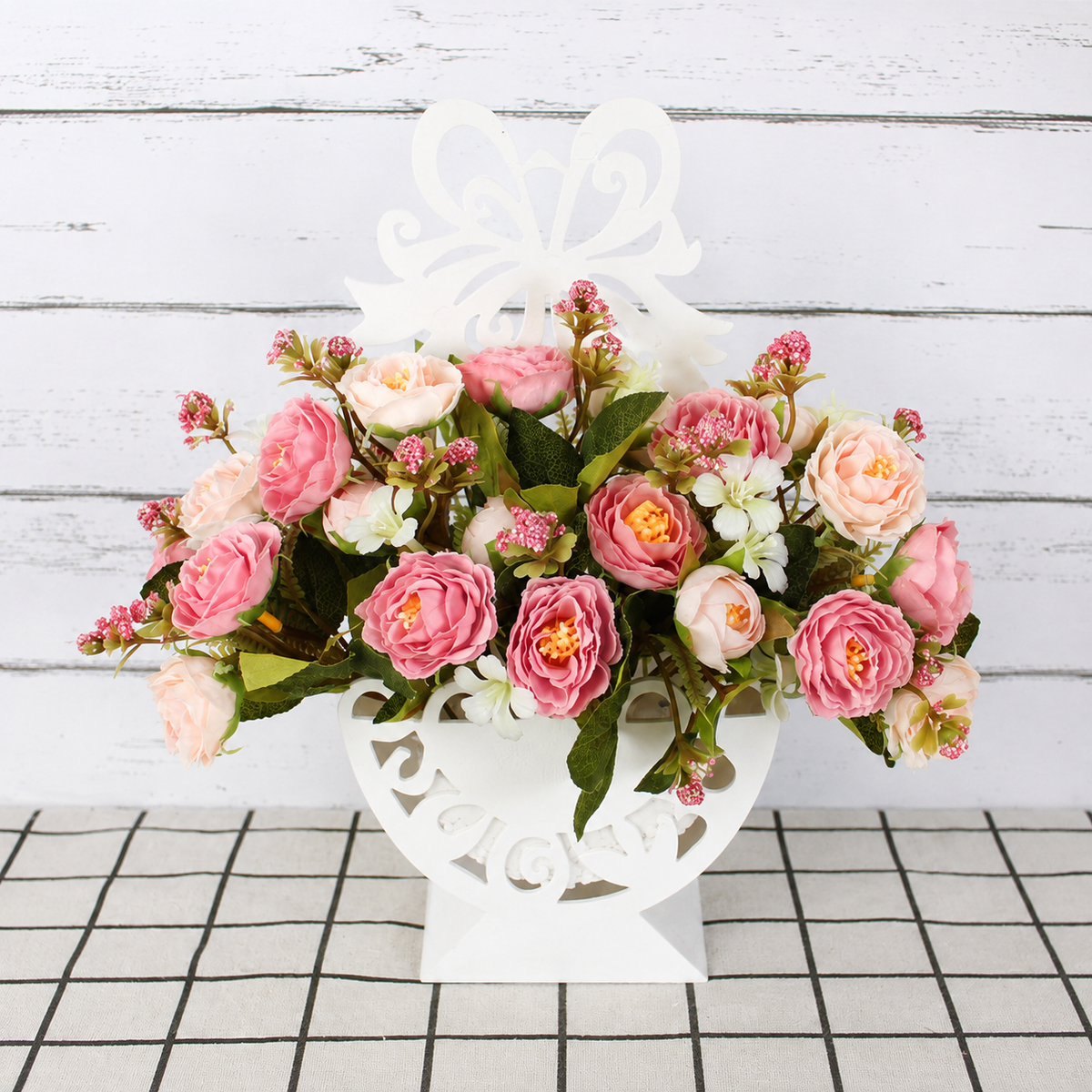 White Artificial Floral Wall Basket with Butterfly, 11 in