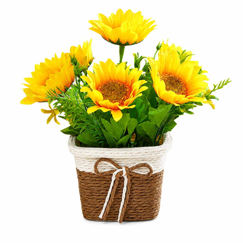 Artificial Sunflower Basket Decor, Yellow, 8.3 in Tall