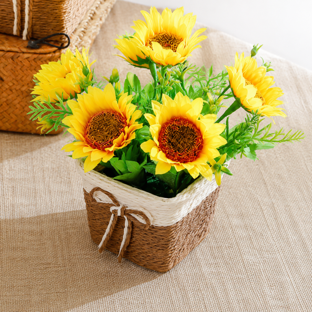 Artificial Sunflower Basket Decor, Yellow, 8.3 in Tall