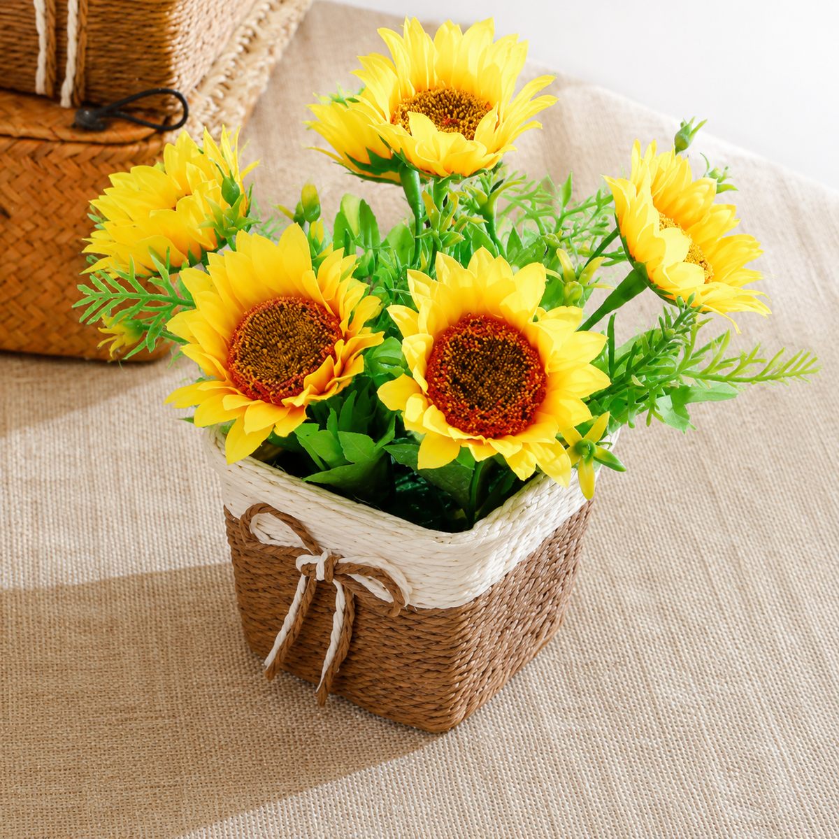 Artificial Sunflower Basket Decor, Yellow, 8.3 in Tall