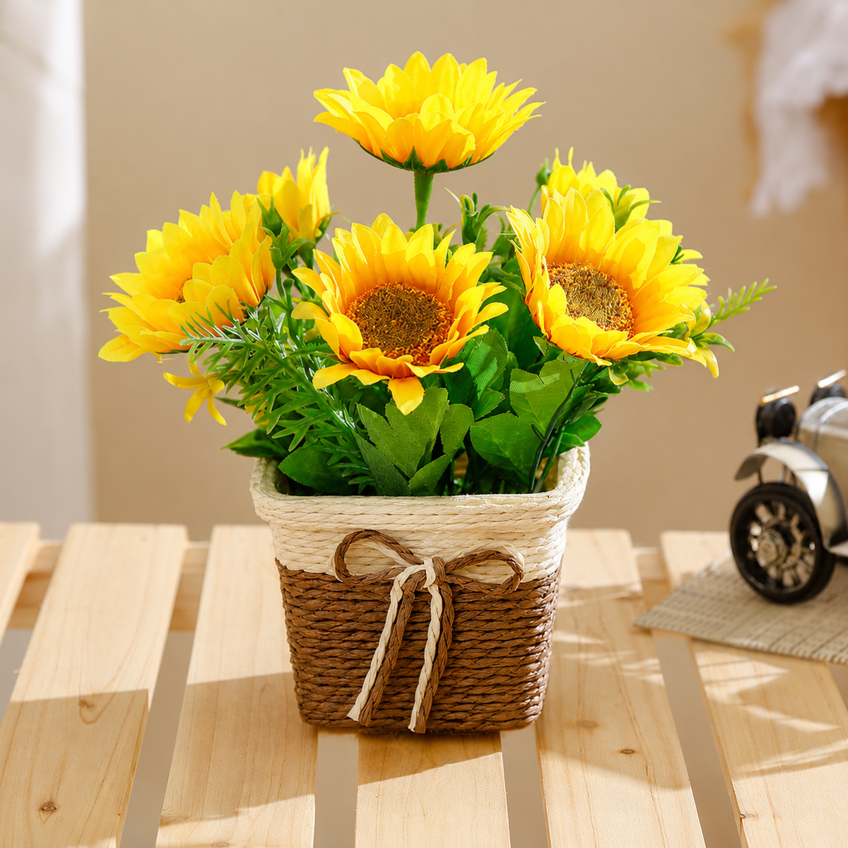 Artificial Sunflower Basket Decor, Yellow, 8.3 in Tall